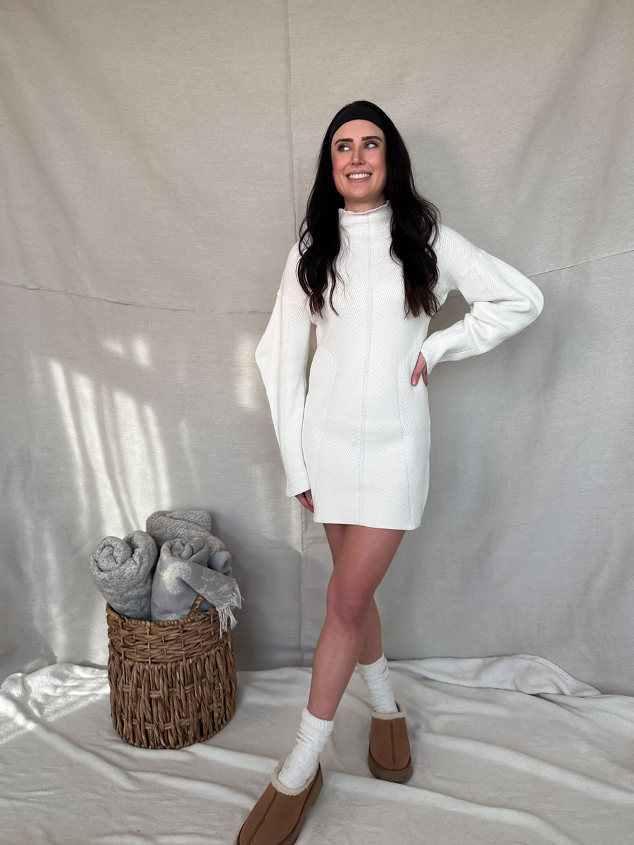 White Long Sleeved Ribbed Knit Sweater Dress